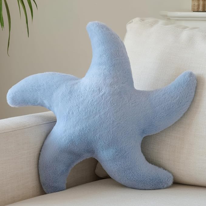 Starfish Pillow, Cute Decorative Pillows for Couch Bed, Aesthetic Room Decor Accent Pillow Plush with Soft Faux Rabbit Fur for Bedroom Living Room (Grey Blue, 19.6 Inches)