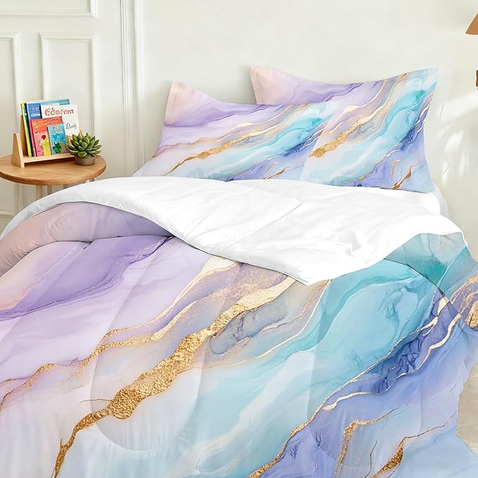 Marble Comforter Set King Size for Kids Women Men Watercolor Bedding Sets for Bedroom Decor Abstract Luxury Purple Blue Green Gold Quilt Set with 1 Comforter + 2 Pillowcases