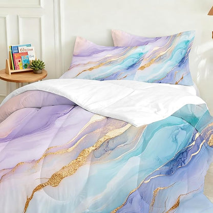 Marble Comforter Set King Size for Kids Women Men Watercolor Bedding Sets for Bedroom Decor Abstract Luxury Purple Blue Green Gold Quilt Set with 1 Comforter + 2 Pillowcases