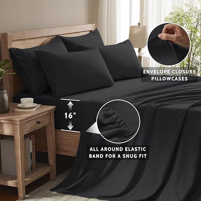 Twin Sheets Set - 4 Piece Soft Microfiber and Wrinkle Free Sheets - Easy Care, Extra Soft, Cooling Sheets - 1 Deep Pocket Fitted Sheet 1 Flat Sheet and 2 Pillowcases (Twin Balck)