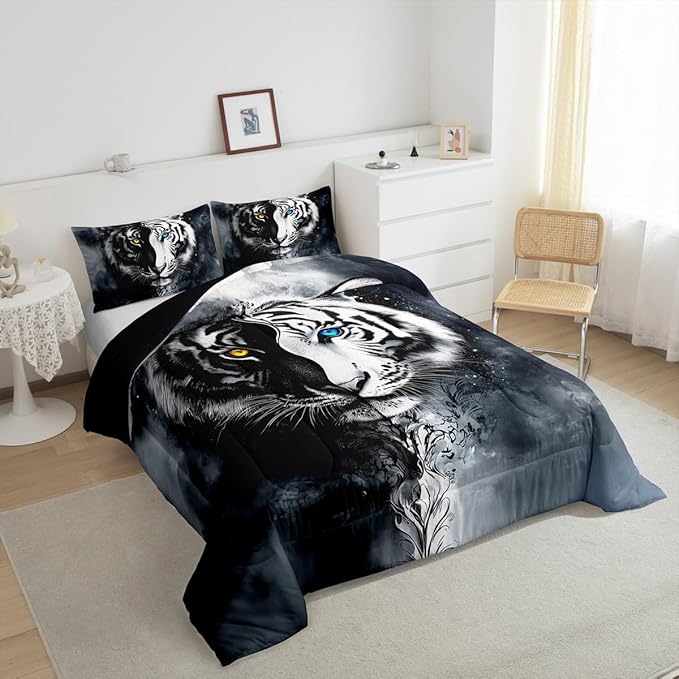 Erosebridal Boys Tiger Bedding Set Full Size, African Safari Animal Comforter Set Exotic Wildlife Down Comforter Black White Soft Microfiber Quilt for Adult Teens Youth Men Bedroom Decor