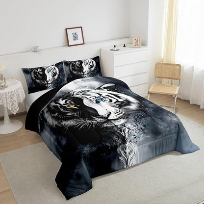 Erosebridal Boys Tiger Bedding Set Full Size, African Safari Animal Comforter Set Exotic Wildlife Down Comforter Black White Soft Microfiber Quilt for Adult Teens Youth Men Bedroom Decor