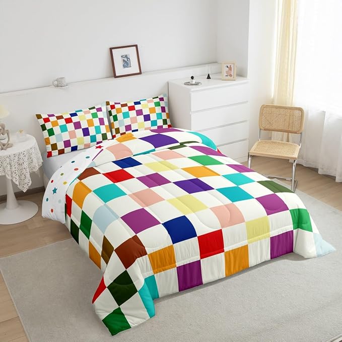 Feelyou Colorful Checkered Retro Bedding Set Kids Boys Girls Modern Geometric Cute Comforter Set Queen Size Beige Colorful Duvet Insert Vintage Simple Groovy Aesthetic Room Decor