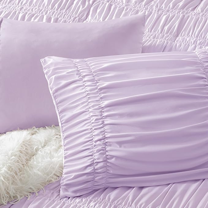 Intelligent Design Twin Comforter Set Ruched Shabby Chic Comforters for Twin Size Bed, All Season Lightweight Purple Ruffle French Country Bedding Set, Sham, Ella, Twin/Twin XL, Lavender 2 Piece