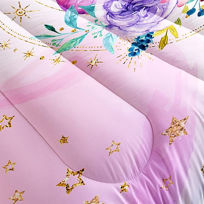 HOSIMA Butterfly Comforter Set, Pink Floral Comforter Full Size for Girls Kids Women Bedroom Decor, Golden Star and Colorful Butterfly Pattern Bedding Set