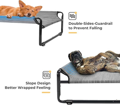 Veehoo Raised Dog Beds for Large Dogs, Washable Dog Cot with Headrest Sides, Outdoor Elevated Dog Bed with Non-Skid Feet, Breathable Mesh, Cooling Pet Hammock for Indoor or Camping, 49", Black Silver
