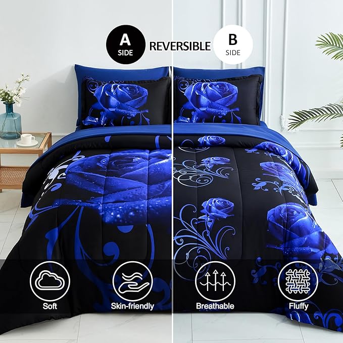 WONGS BEDDING Blue Comforter Set Queen 7 Pieces, Rose Pattern Bed in a Bag, Lightweight Soft Microfiber Bedding Sets with Comforter, Flat Sheet, Fitted Sheet, Pillowcases