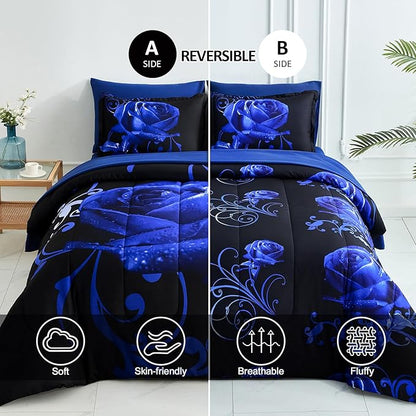 WONGS BEDDING Blue Comforter Set King 7 Pieces, Reversible Blue Rose Bed in a Bag, Lightweight Soft Microfiber Bedding Sets with Flat Sheet, Fitted Sheet, Pillowcases & Shams