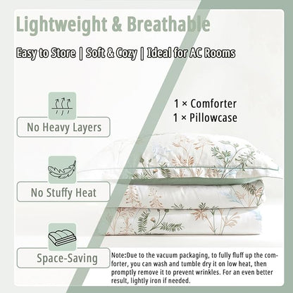 Natural Cotton 2pcs Botanical Comforter Sets Twin Size-Green Comforter with Luxurious Tan & Gray Leaves on White, Reversible Lightweight Floral Bedding Sets(Twin 68"×90")
