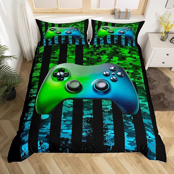Gamer Comforter Set Queen Kids Boys Teens Usa Flag Stars Down Comforter Gaming Comforter Gamer Room Decor Camo Video Game Bedding Set, Gamepad Console Duvet, Youth Young Man Quilt, Grunge Style