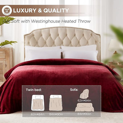 Westinghouse Queen Size Electric Heating Blanket - 10 Levels, Auto Shut Off, Fast Heating - Machine Washable (Queen, 84x90 Inches, Wine Red)