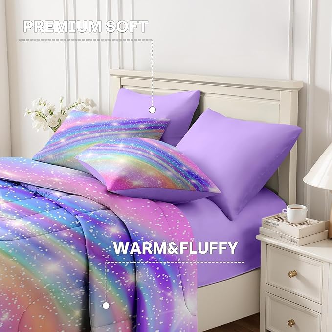 Nesker 7 Pcs Comforter Set Full Size, Pink Gradient Star Colorful Glitter Bedding Set for Kids and Adults, Rainbow Star Galaxy Girls Bed Sheet Sets with Fitted Sheet 2 Pillowcases & 2 Shams