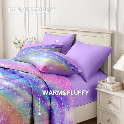 Nesker 7 Pcs Comforter Set Full Size, Pink Gradient Star Colorful Glitter Bedding Set for Kids and Adults, Rainbow Star Galaxy Girls Bed Sheet Sets with Fitted Sheet 2 Pillowcases & 2 Shams