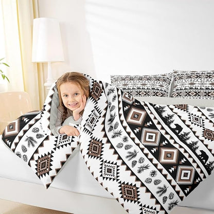 Castle Fairy Western Aztec Print Comforter Set,Geometric Brown Striped Bedding Set Kids Teens Modern Decor,Bear Plant Exotic Boho Abstract Art Comforter with 1 Pillowcase for All Seasons,Twin