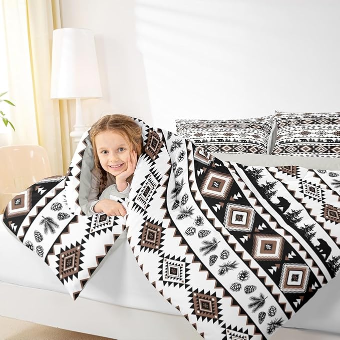Castle Fairy Geometric Brown Striped Boys Girls Comforter Set Full Size,Western Aztec Print Duvet Set Teens Bedroom Decor,Bear Plant Exotic Boho Abstract Art Microfiber Soft Bedding 3PCS