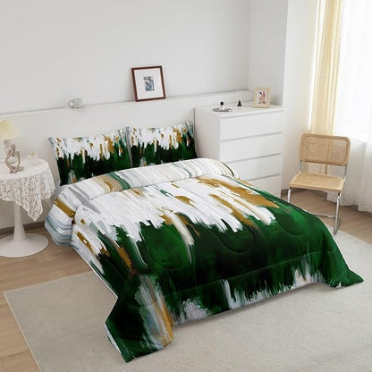 Erosebridal Dark Green Comforter King Watercolor Graffiti Bedding Set, Striped Oil Painting Down Comforter Aesthetic Modern Bed Set, Ombre Brush Marks Contemporary Quilted Duvet