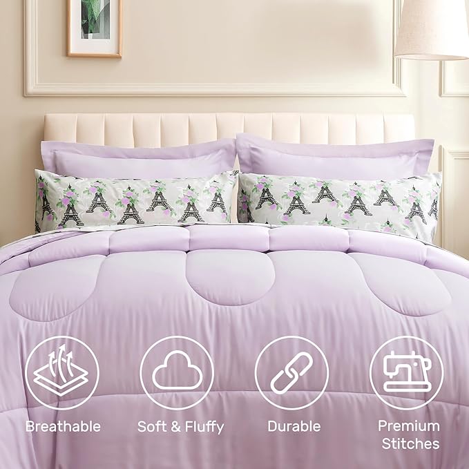 ARTALL Twin Bed in a Bag 5 Pieces, Light Purple Solid Comforter with Eiffel Tower Floral Sheet Set, French Chic Style Soft Bedding Sets with Comforter, Sheets, Pillowcase & Sham for All Seasons