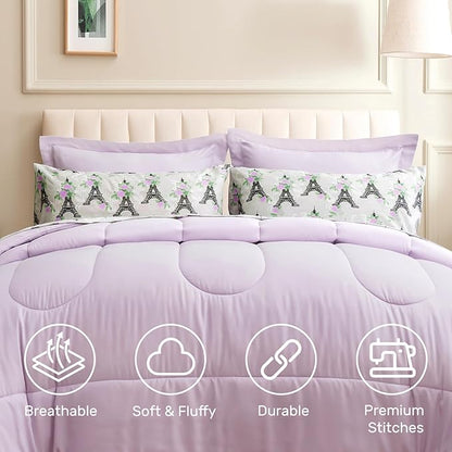 ARTALL King Bed in a Bag 7 Pieces, Light Purple Solid Comforter with Eiffel Tower Floral Sheet Set, French Chic Style Soft Bedding Sets with Comforter, Sheets, Pillowcases & Shams for All Seasons
