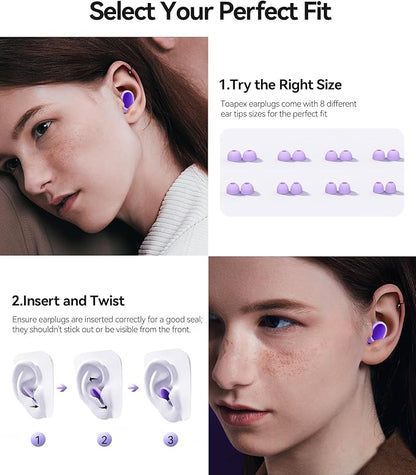 Ear Plugs for Sleeping 45dB Noise Cancelling Ear Plugs for Noise Reduction & Snoring, Concerts, Earplugs for Sleep,Sider Sleepers Airplane, Silicone Earplugs Reusable Concert Ear Plug+8Tip Pale Violet
