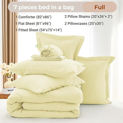 MUXHOMO 7 Pieces Full Comforter Set, Soft Bed in a Bag Full Size, All Season Bedding Set with Comforter, Flat Sheet, Fitted Sheet, Pillowcases & Shams, Cream Yellow