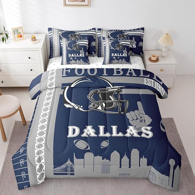 Feelyou Football 7 Pieces Comforter Sets King Size Rugby Sports Bedding Set for All Season Football City Bed in a Bag with Comforter, Sheets, Pillowcases & Cushion Cover