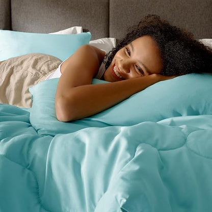 Comfort Spaces Vixie Reversible Comforter Set - Trendy Casual Geometric Quilted Cover, All Season Down Alternative Cozy Bedding, Matching Sham, Aqua/Gray, Full/Queen 3 piece