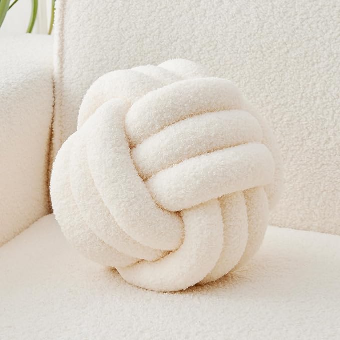 Decorative Throw Knot Pillow Ball for Home Chair Sofa Couch Bed Aesthetic Round Decor Pillows Lambswool Knotted Pillow Cushion (Ivory White, 13 inches)