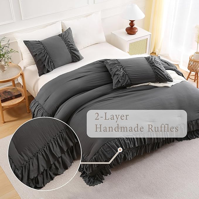 Herside Dark Grey Ruffle Comforter Set Queen Size,Shabby Chic Boho Bedding Sets, Soft Fluffy Comforters Sets for All Season,Vintage Ruffled 3 Pcs Microfiber Lightweight Quilt Set for Women Girls