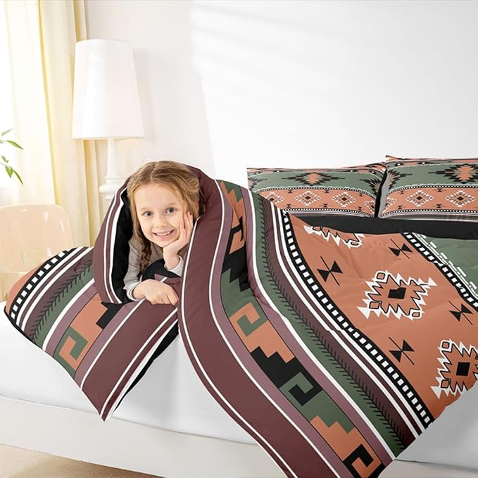 Erosebridal Southwestern Comforter Set Twin Bohemian Geometric Quilt,Ethnic Tribal Arrow Bedding Set Western Duvet Insert,Country Decor Western Room Decor for Bedroom Green Brown