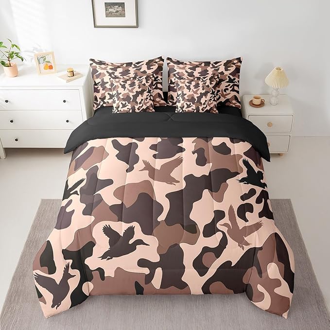 Erosebridal Duck Hunter 7 Pcs Bed Set King Size Camo Bedding for Kids Girls Army Camouflage Hunting Bed in A Bag Sheet Set Vintage Pink Brown Room Decor Wild Animal Duck Farmhouse Comforter Set