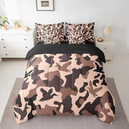 Erosebridal Hunting 7 Pcs Bed Set Queen Size Camouflage Bedding for Kids Girls Army Wild Duck Bed in A Bag Sheet Set Vintage Pink Brown Bedroom Decor Wild Animal Duck Farmhouse Comforter Set