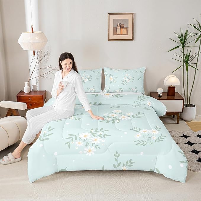 Manfei White Daisy Comforter Set King Size, Green Leaves Quilt Set with 2 Pillowcases, Botanical Garden Artwork Bedding Set 3pcs for Kids Boys Girls Bedroom Decor Lightweight Duvet Insert