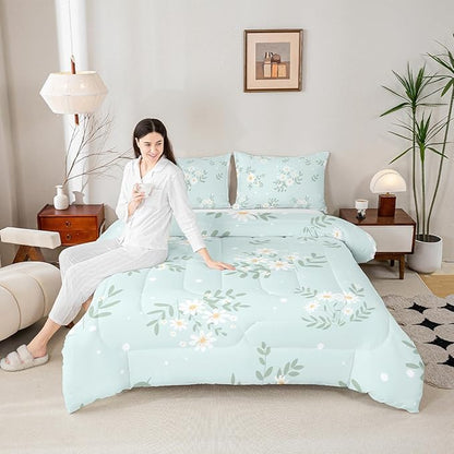 Manfei White Daisy Comforter Set King Size, Green Leaves Quilt Set with 2 Pillowcases, Botanical Garden Artwork Bedding Set 3pcs for Kids Boys Girls Bedroom Decor Lightweight Duvet Insert