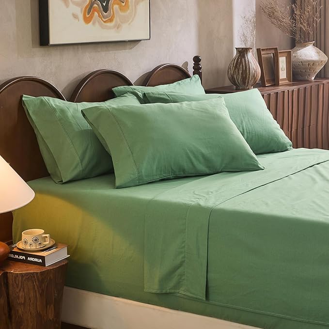 100% Linen Sheet Set Cal King Size Extra Deep Pocket Fits 18-24 Inch Mattress, Breathable & Soft, Smooth 6-Piece Set for Thick Mattresses Hotel Luxury Bedding（Cal King, Sage Green）