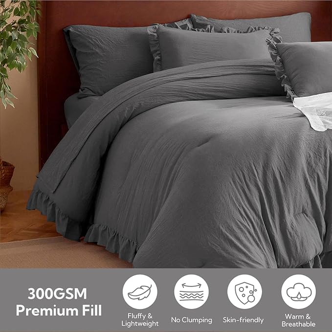MR&HM Queen Comforter Set Dark Grey, Comforter Set 7 Pieces for Girls Women, Shabby Chic Vintage Cottagecore Bed Sets Elegance Boho Bed in a Bag, Ultra-Soft & Fluffy Comforter for All Season