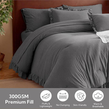 MR&HM California King Comforter Set Dark Grey, Comforter Set 7 Pieces for Girls Women, Shabby Chic Vintage Cottagecore Bed Sets Boho Bed in a Bag, Ultra-Soft & Fluffy Comforter for All Season