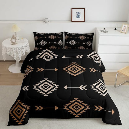 Feelyou Boho Western Comforter Set Brown Black Southwestern Aztec Tribal Twin Size Bedding Set for Kids Boys Girls Bohemian Duvet Quilt