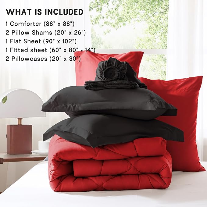 Anluoer Queen Comforter Set -7 Pieces Bed in a Bag Queen Size, Reversible Bed Set with 1 Comforter(88"*88"), 2 Pillow Shams, 2 Pillowcases, 1 Flat Sheet, 1 Fitted Sheet, Red & Black