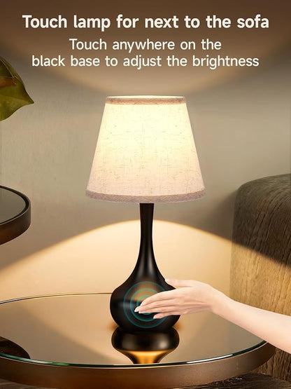 3-Way Dimmable Touch Table Lamps for Nightstand - Small Bedside Lamps with Fabric Shade in Black, Farmhouse Style Desk Lamp for Bedroom, Kids Room, Living Room, Home Office & Reading (Black)