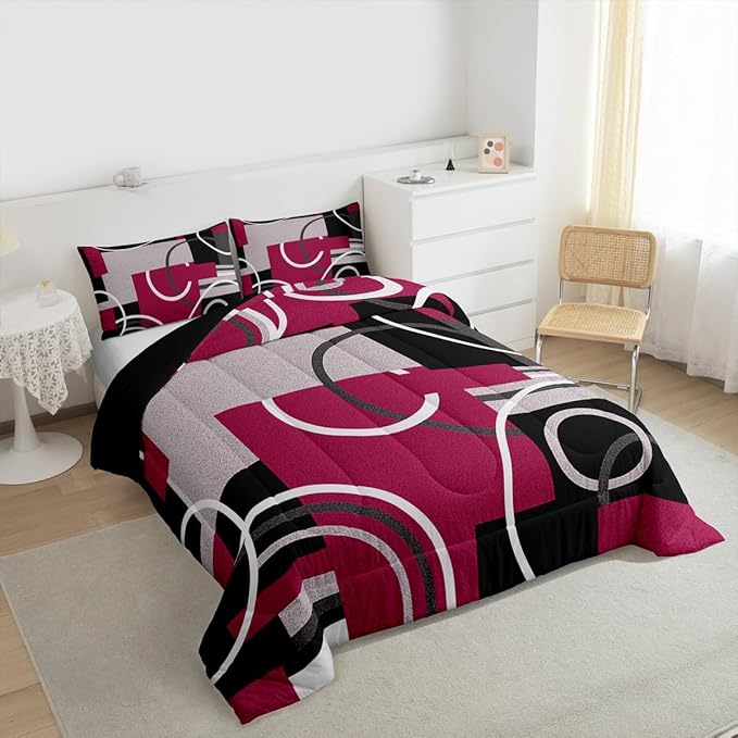 Erosebridal Modern Red Gray Black Bedding Twin Size Abstract Circles Striped Comforter Set Geometric Spiral Checkered Duvet Insert Chic Texture Quilted Comforter Bedroom Decor with 1 Pillow Cover
