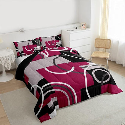 Erosebridal Modern Red Gray Black Bedding Queen Size Abstract Circles Striped Comforter Set Geometric Spiral Checkered Duvet Insert Chic Texture Quilted Comforter Bedroom Decor with 2 Pillow Covers