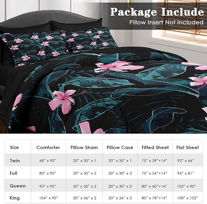 Comforter Set King Size, Summer Palm Leaf Banana 7 Pcs Bedding for Kids and Adults, Hibiscus Flower Bed Sheet Sets with Fitted Sheet 2 Pillowcases & 2 Shams for Bedroom Bed Decor