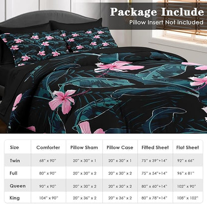 Comforter Set King Size, Summer Palm Leaf Banana 7 Pcs Bedding for Kids and Adults, Hibiscus Flower Bed Sheet Sets with Fitted Sheet 2 Pillowcases & 2 Shams for Bedroom Bed Decor