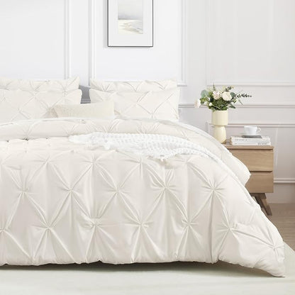 Andency California King Comforter Set Ivory (104x96Inch), Pinch Pleat Cal King Comforter Set 3 Pieces, Oversized King Pintuck Bed Comforter, Microfiber Down Alternative Comforter Bedding Set