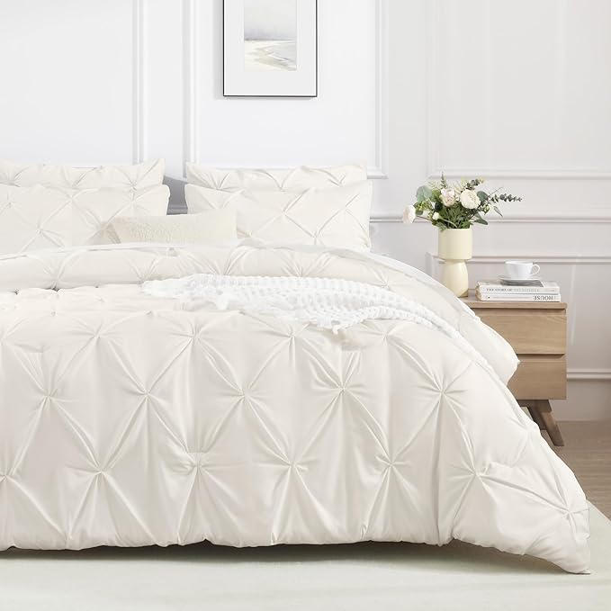 Andency Ivory Pinch Pleat Comforter Twin(66x90Inch), 2 Pieces(1 Down Alternative Comforter and 1 Pillowcase) Ivory Bed Set Microfiber Pintuck Bedding Set