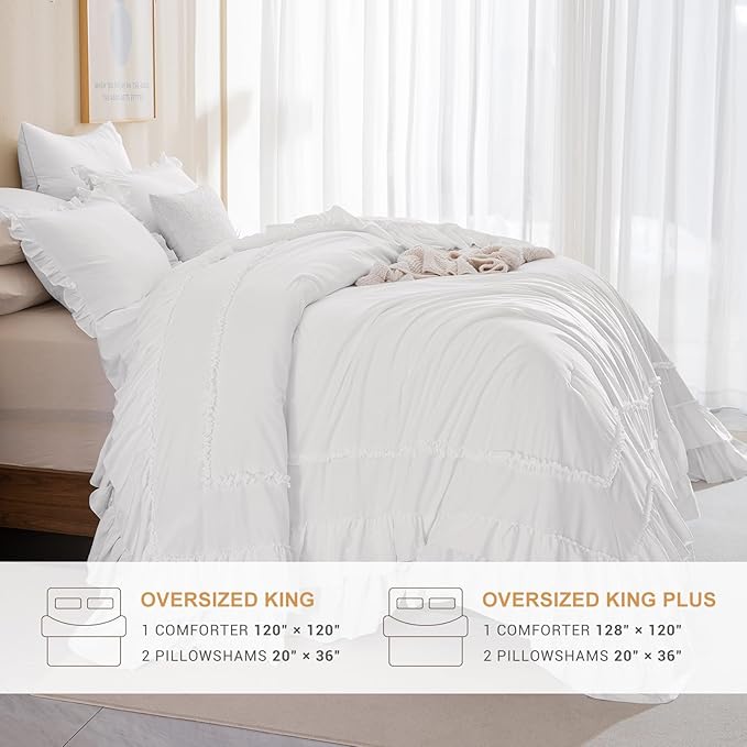 Masaca Oversized King Comforter 128x120,Farmhouse Shabby Boho Chic Ruffled Bedding Comforter Set,3Pcs Netural White Ruffle Comforter Rustic French Country Extra Large King Size Bedding Set