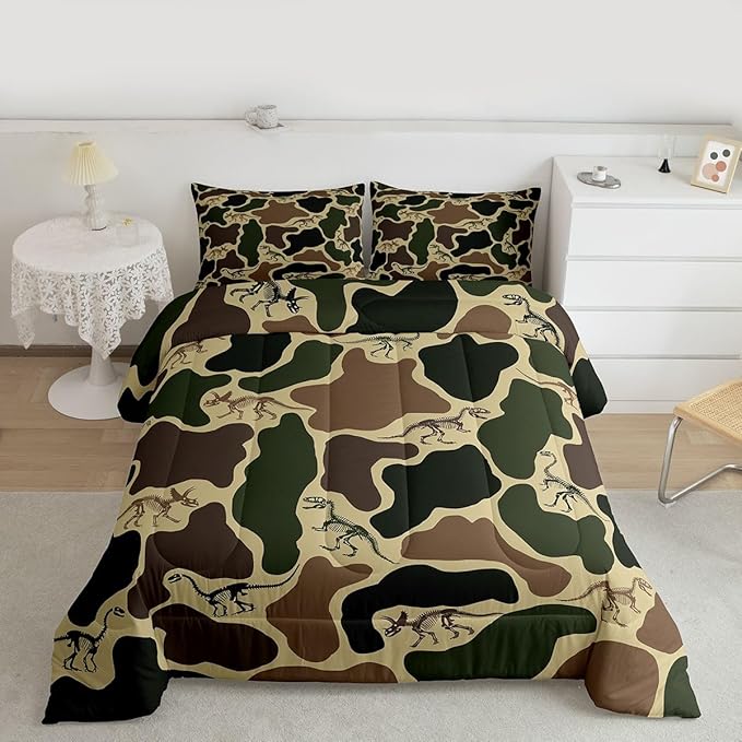 Erosebridal Dino Camouflage Comforter Set Toddler Size Dark Green Camo Bedding Set for Kids Boys Girls Dinosaur Skeleton Comforter Vintage Skeleton Rustic Quilt Bedroom Decor