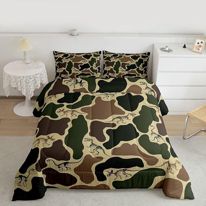 Erosebridal Dino Camouflage Comforter Set Toddler Size Dark Green Camo Bedding Set for Kids Boys Girls Dinosaur Skeleton Comforter Vintage Skeleton Rustic Quilt Bedroom Decor