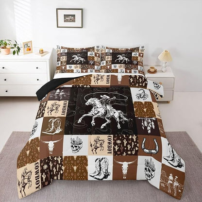 Cowboy Comforter Set King Size,Western Bedding For Boys,Bull Skull Horse Bedding Comforter Sets,Boho Arrows Feather Quilt Set Brown Plaid Grid Print Duvet For Kids Teens Room Decor,2 Pillowcases