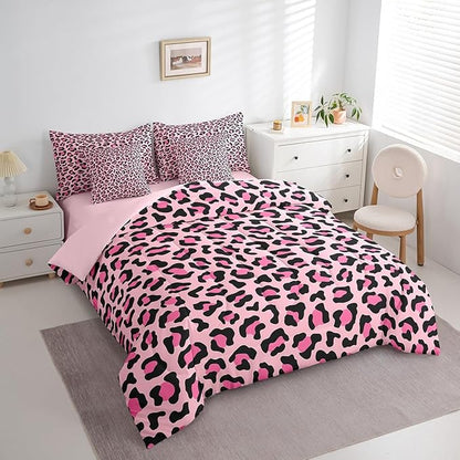 Pink Leopard Print Comforter Set 7 Pieces,Wild Animal Skin Luxury Bed Set,African Cheetah Wildlife Fur Bedding Set for Kids,Queen(1 Comforter,2 Pillowcase,2 Pillow Covers,1 Flat Sheet,1 Fitted Sheet)